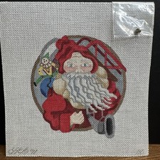 Vtg Hand-Painted Santa With Elf #110 Needlepoint Canvas 18 Mesh Unworked picture