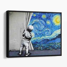 Starry Night Behind the Curtain Banksy Van Gogh Retro Canvas Print Wall Art picture