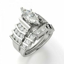 2.70Ct White Marquise Cut CZ Engagement Wedding Ring Set In 925 Sterling Silver picture