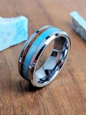 Vintage Stainless Steel Ring Wood Grain Resin Band Unisex Fashion Jewelry picture
