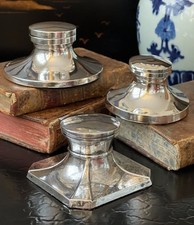 Exceptional Antique English Sterling Silver Capstan Ink Well Trio Rare • c1910 picture
