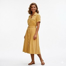 VTG 80s Marianna Sz 6 Yellow 100% Silk Midi Dress Retro Collar Button Up Belted picture
