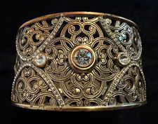 Vintage Brighton Filigree Hinged Cuff Bracelet, Round Clear Crystal Bezel picture