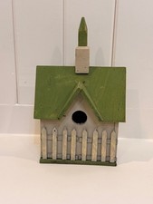 Vintage Wooden Birdhouse Cottage Figurine Green Roof White Picket Fence picture