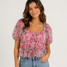Joie Floral Crop Top Pink Rose Print Puff Sleeve Peplum Romantic Cottage Med picture