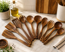 Raw Unfinished Montuk 10-Piece Teak Wood Cooking Utensils Set – Natural, Uncoate picture