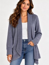 Chico’s Size 1 Silver Metallic Shimmer Open Front Draped Cardigan picture