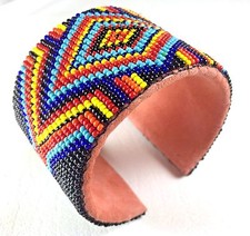 HANDMADE NATIVE STYLE LEATHER BEADED UNISEX BLACK CUFF BRACELET LEATHER USA picture