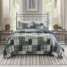 King Quilt Set Rustic Cabin Green Blue Lodge Farmhouse Country Coverlet 3 Piece picture