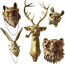 Gold Brass Animal Head Wall Decor - 5Pcs for Home, Pub & Gift Ideas picture