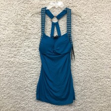NEW Bebe Tank Top Shirt Medium Adult Blue Studded Sexy Ring Back Halter Womens M picture