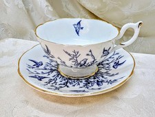 Vintage Coalport Bluebirds & Twigs Teacup Saucer Cobalt Blue Pedestal Gold Gold picture
