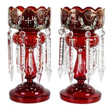 Victorian Pair of Ruby Bohemian and Hand-Painted Lusters picture