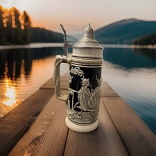 Vintage Gets 'Tavern Scene'   Lidded German Beer Stein Mug 10.5” Western Germany picture