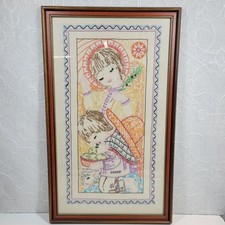 VINTAGE Finished Embroidery Religious Childrens Praying Kneeled Down Framed picture