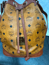 MCM Women’s Brown/Black Monogram Drawstring Bucket Bag Padlock Gold Hardware picture