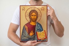 Large Jesus Blessing Icon 12x16 Gold Leaf Handmade Greek Byzantine Orthodox Art picture