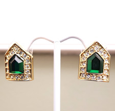 Rachel Zoe earrings Art Deco green crystals geometric studs clear halos goldtone picture