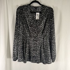 New Torrid Blouse 10 Black White Cheetah Satin Button Front Long Sleeve picture