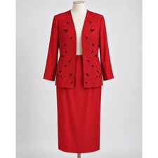 Carlucci Red Vintage Skirt Set Floral Cutout Blazer Midi Skirt Size 8 picture