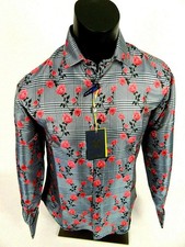 Manzini Button Dress Shirt Blue Plaid with Roses Floral Mens French Cuff Links picture