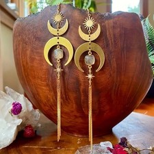 Women's New Bohemian Sun Moon Tassel Alloy Earrings Synthetic Zircon Eardrop picture