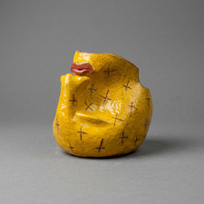 Abstract Yellow Chamotte Clay Face Vase Whimsical Sculptural Planter Art Bowl picture