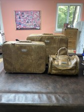 VTG 1986 Made In USA American Tourister Brown Leather & Faux 3 Pc Luggage Set picture