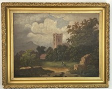 Antique 1890s Dunlop House Scottish Oil Painting Castle Tower 20½x15½ Gilt Frame picture