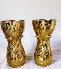 Pair Vintage MCM 24K Weeping Gold Vases Fluted Tulip Textured Ceramic Made in US picture