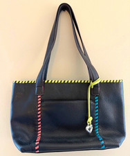 Brighton  Black Pebbled Tote Magnetic Snap Green Lined Heart Charm picture