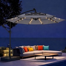 10ft Patio Umbrella Outdoor Offset Hanging Umbrella 3-Tier with Base Solar Light picture
