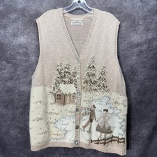 VTG Marisa Christina Handknit Sweater Vest Winter Scene Cabin Ice Skating Woods picture