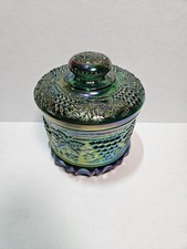 STUNNING FENTON Sea Mist Green Iridescent Grape & Cable Glass Tobacco Jar 7.5