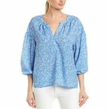 Joie Womens Blue Leaf Priint Puff 3/4 Sleeves Split Neck Eilga Blouse Top picture
