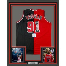Framed Signed Dennis Rodman 35x39 Chicago Split Red/Black Jersey BAS COA picture