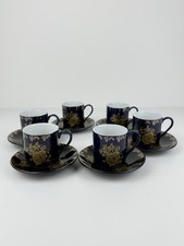 LFZ Lomonosov Cobalt Gold Rose Demitasse Set 6 Cups Saucers Box Rare Stamp picture