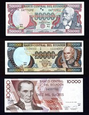 Ecuador Set, 50000, 20000, 10000 Sucres, 1999, 3 Notes, UNC Condition picture