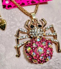 Betsey Johnson Stunning Hot Pink Rhinestones Spider & web Necklace New W/Tags picture