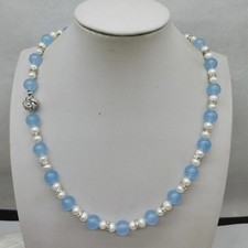 Fine10mm Light Blue Jade &6-7mm Freshwater Cultured White Pearl Necklace 20“Gift picture