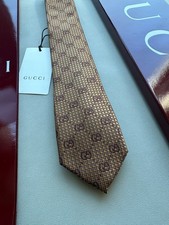 Gucci Tie Mens 100% Silk Gold GG interlocking pattern logo Full Packaging picture