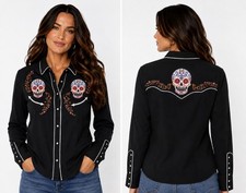 Scully Shirt Womens L Pearl Snap Western Cowgirl Skull Dia de los Muertos Shirt picture