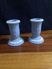 Vtg Pair of Pale Blue & White Jasperware Tulip-Shaped Candlestick Holders 3 1/2