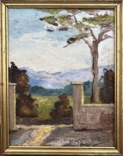 Small French Impressionist Antique Oil Painting Mountain Sky Landscape, Framed picture