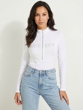 Guess White Long Sleeve Half-Zip Bodysuit with Rhinestone Logo, Size XL picture
