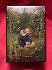 Vintage Hand Painted Folk Art Black Lacquer Trinket  Box Beautiful Girl Signed picture