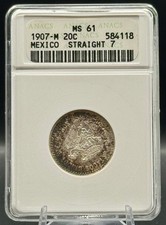 1907-M Mexico 20 Centavos ANACS MS61 Straight 7 Silver Soapbox Toned picture
