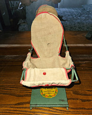 Salesman Model Teeterbabe Vintage Baby Buggy Metal & Fabric Seat Green/Beige/Red picture