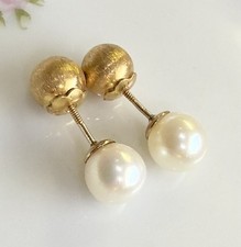 ESTATE 14K Y Gold 6.5mm Akoya Pearl~6mm 14K Ball~2 in 1 Reversible Earrings~NICE picture