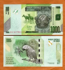 Congo D. R., 1000 (1,000) Francs, 2022, P-101d, UNC Parrot picture